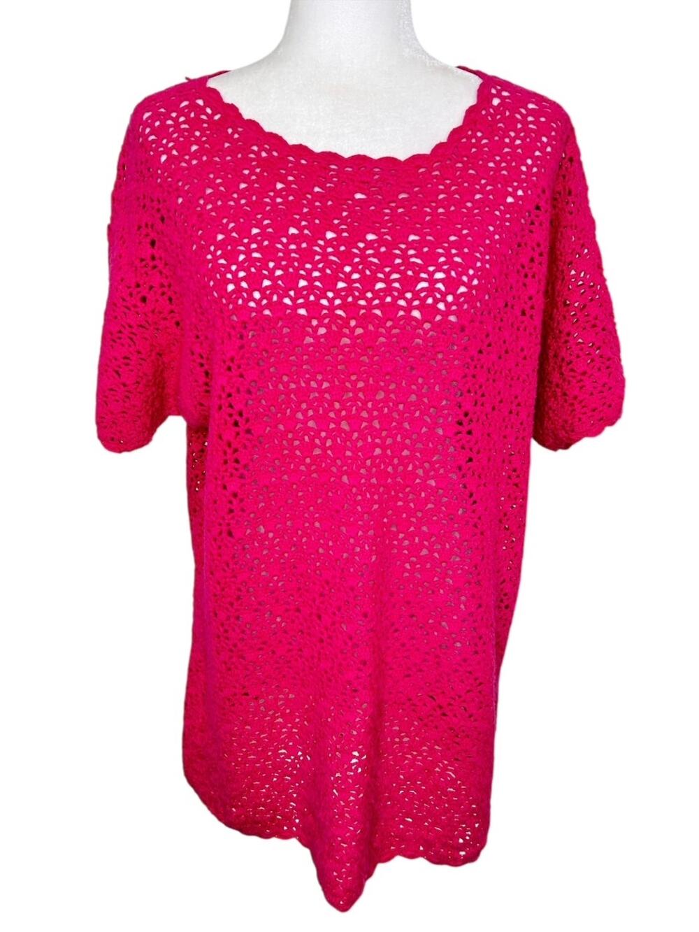 Diane Von Furstenberg Hot Pink Hand Crocheted Short Sleeve Tunic Top  Dress VTG